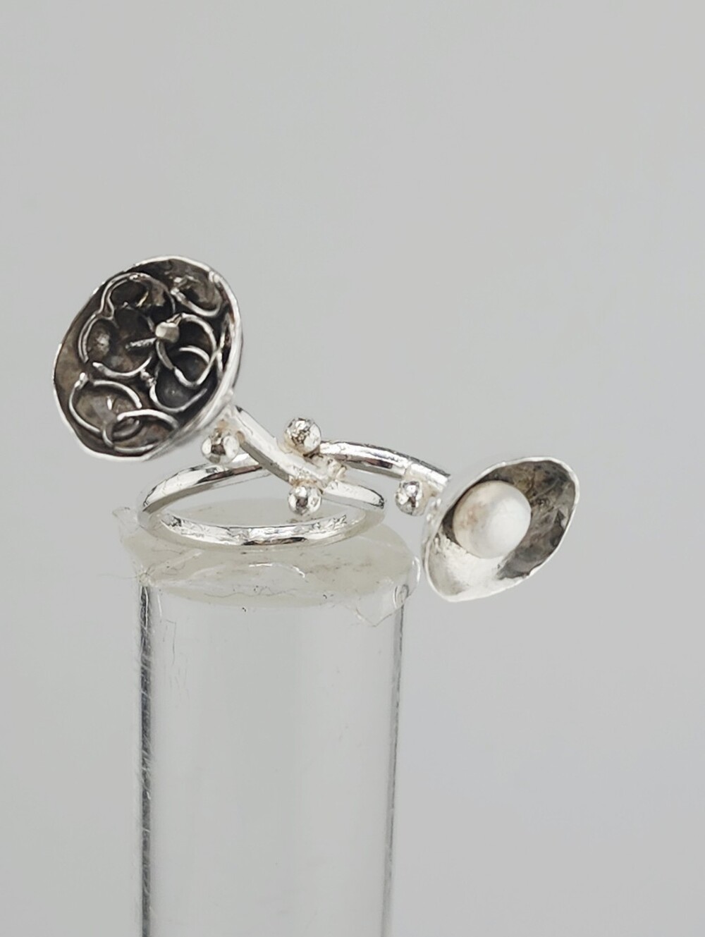 UNIQUE 2 FLOWER POT RING HANDMADE WITH STERLING SILVER AN A PEARL SIZE 8